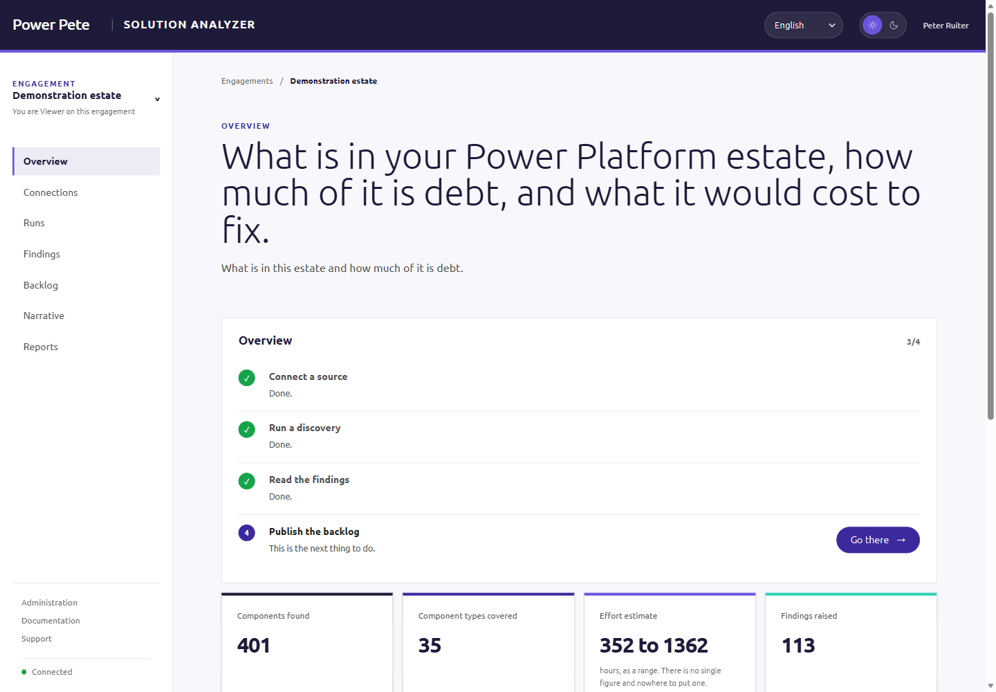 The overview screen of the product